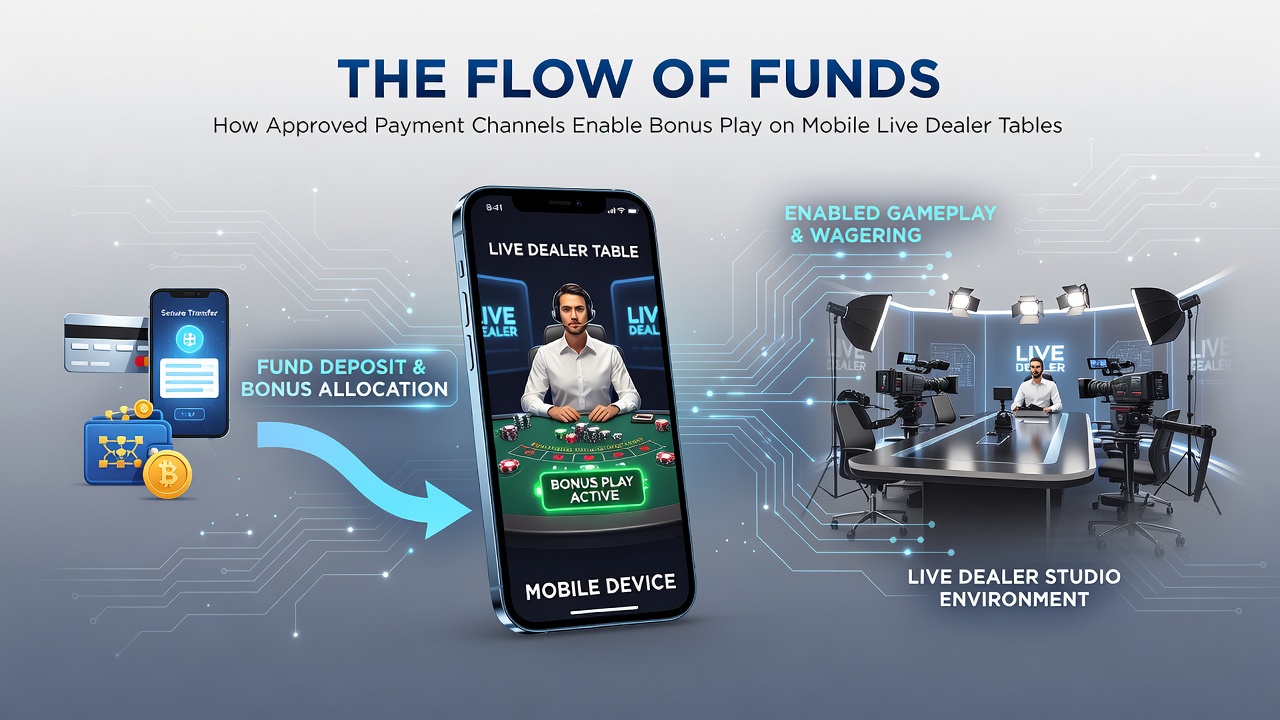 Diagram showing fund routing from approved payment providers to mobile live dealer bonus accounts under Finnish regulations